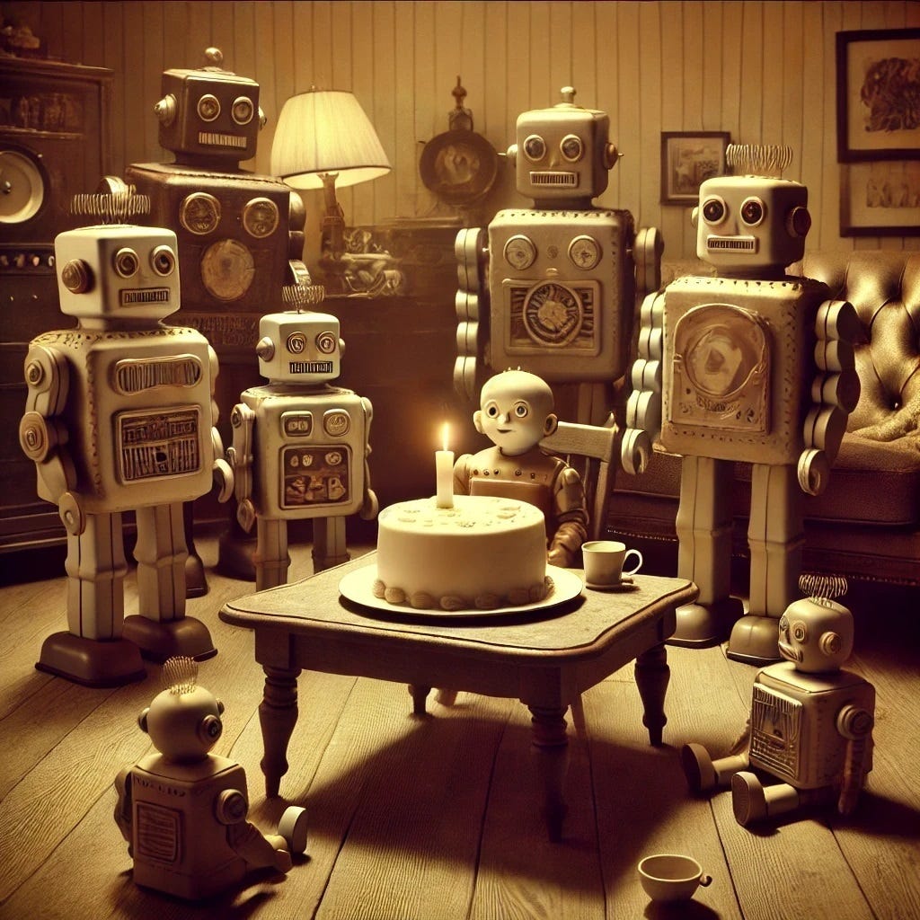 A sepia-toned image of a  1960s-style birthday party with the retro-futuristic robots, including 1 robot that is blowing out a single birthday candle on a cake.