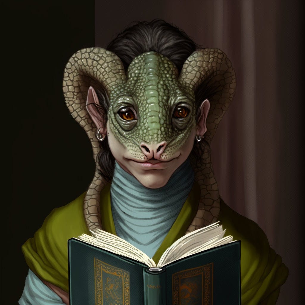 Lucky, a lizard woman, holds a green book in her hands and looks out at the viewer, but now she's an AI-generated image.