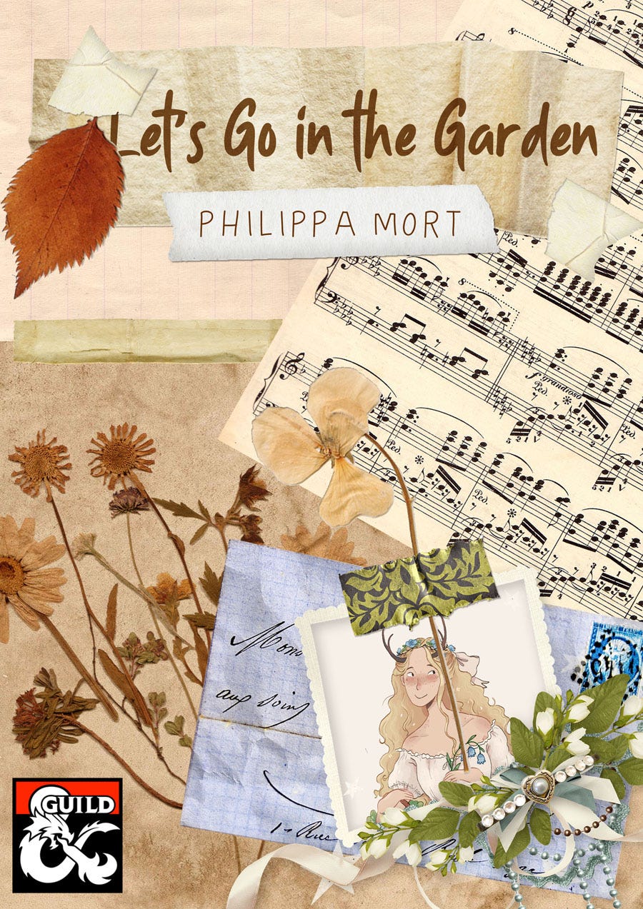 Cover of lets go in the garden. Shows a collage style cover with scraps of paper and a portrait of a young blonde white tiefling with deer antlers.