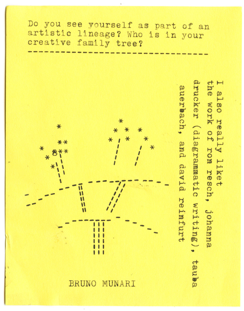 Do you see yourself as part of an artistic lineage? Who is in your creative family tree?  BRUNO MUNARI. I also really like the work of ron resch, johanna trucker (diagrammatic writing, tuba Auerbach, and David reinsert)