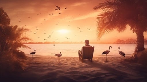 A person sitting in a chair at the beach with birds flying around

Description automatically generated with low confidence