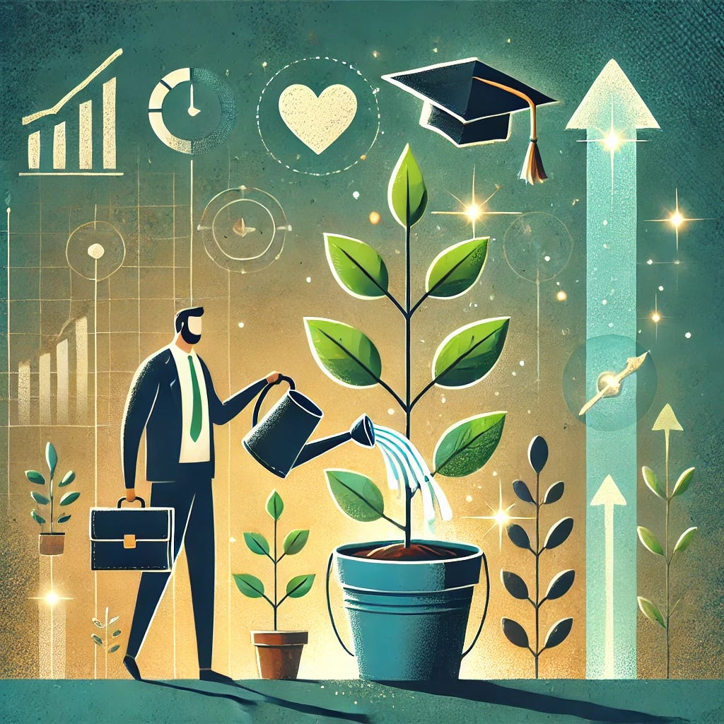 A professional and inspiring illustration symbolizing the concept of investing in yourself. The image features a person watering a plant that represents personal growth, with the plant growing upward into symbols like a book, a graduation cap, a heart, and a briefcase. The background includes subtle elements like upward arrows and glowing light to represent growth and success. The color scheme uses warm and encouraging tones like greens, blues, and golds to convey positivity and empowerment. The style should be clean and uplifting, emphasizing the journey of self-improvement and development.