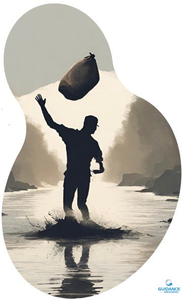 A graphic art drawing of a man standing in a river and tossing a giant sack over his head with one hand. The image is kidney shaped.