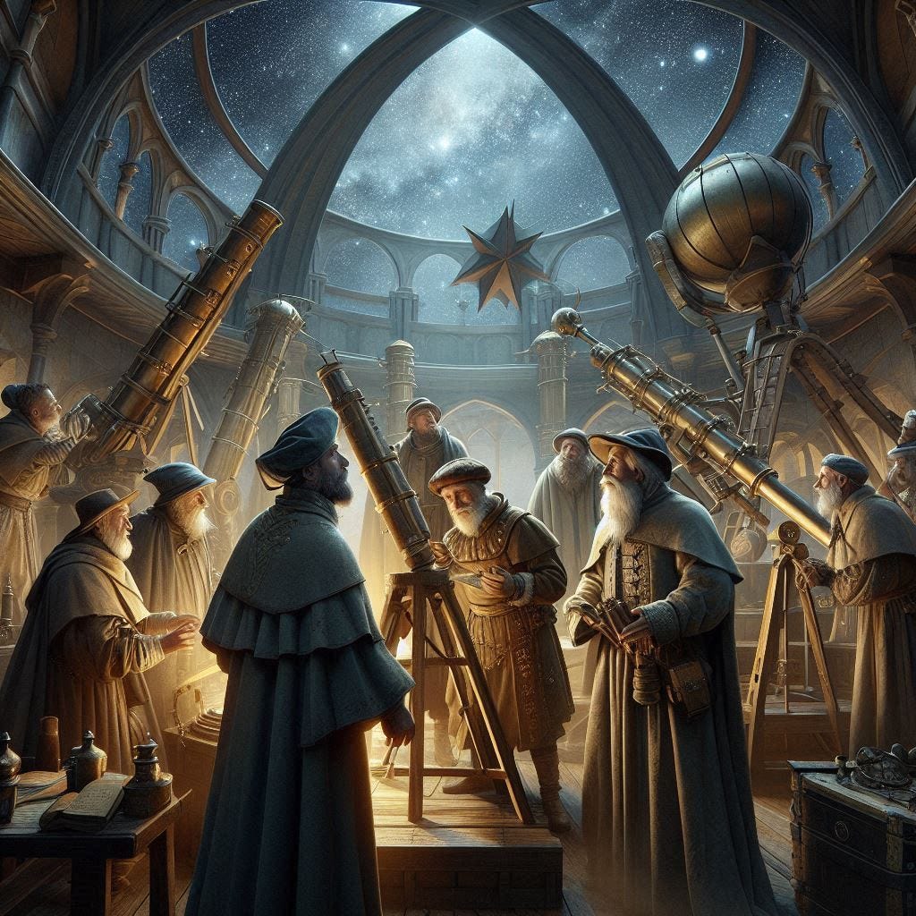 A group of savants dressed in medieval clothes are using all sorts of weird instruments to look at the sky at night. The background is the inside of a medieval style astronomical observatory. Realistic digital art