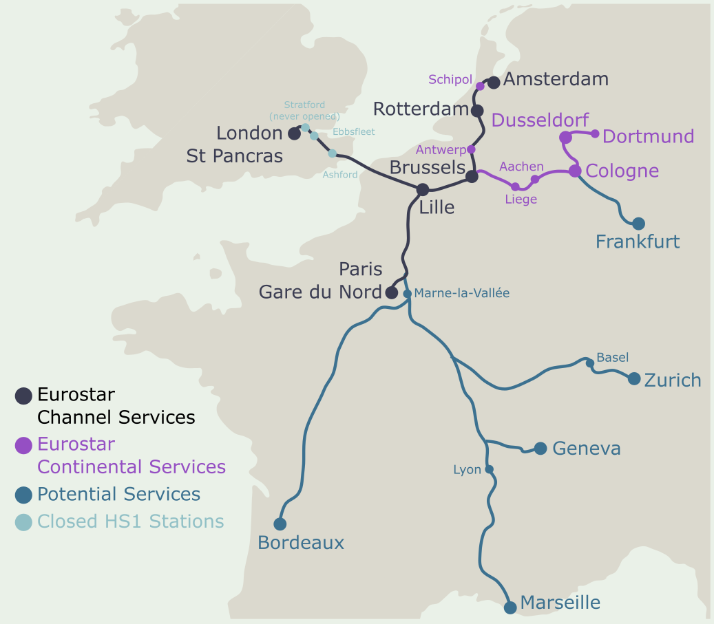 A map of Western Europe with stations and routes between them. Current services from London to Paris, Brussels, and Amsterdam. The new destinations are Bordeaux, Marseille, Geneva, Zurich, Cologne, Frankfurt, and Dusseldorf.