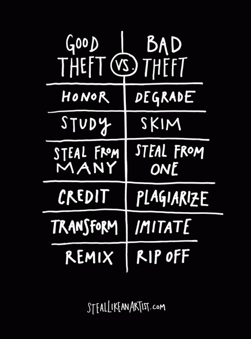 A page from the book Steal Like an Artist by Austin Kleon that shows a table divided into two sides. On the left it says: Good theft, with a list of examples such as honor, study, steal from many, credit, transform, remix. On the right it says: Bad theft, with contrasting examples such as degrade, skim, steal from one, plagiarize, imitate, rip off.