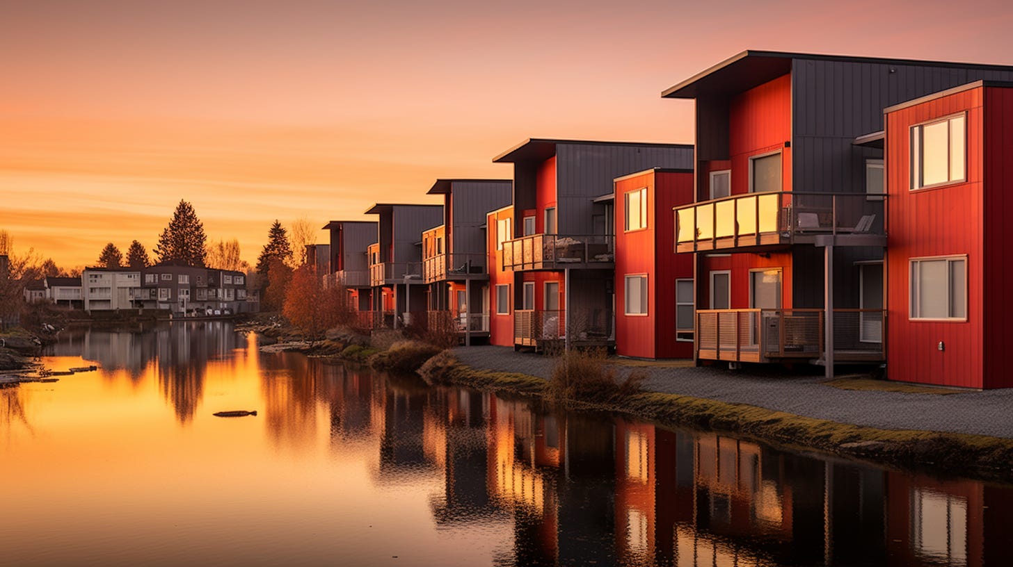 Modern low income housing near a lake during golden hour