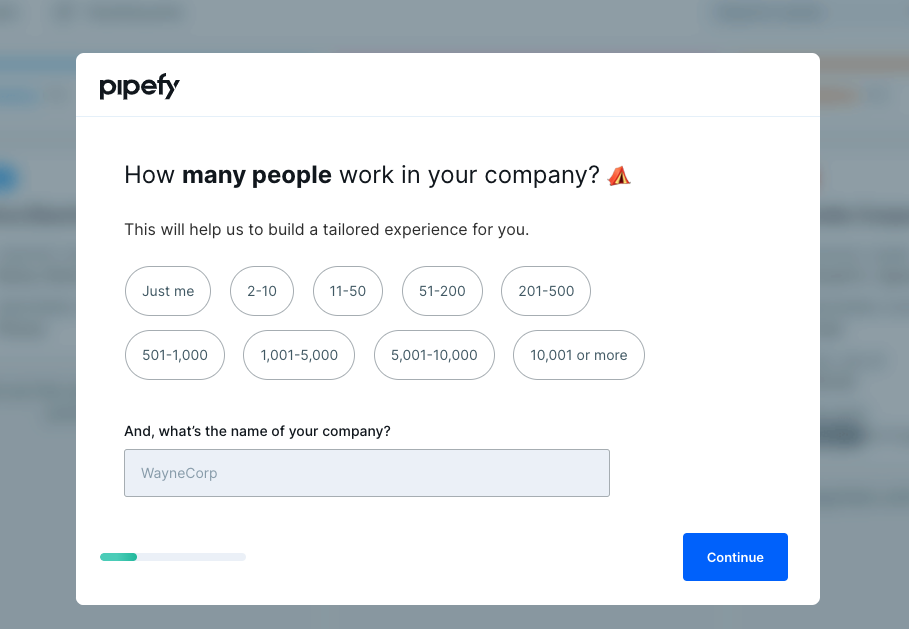 Pipefy self-segmentation screen - Company size