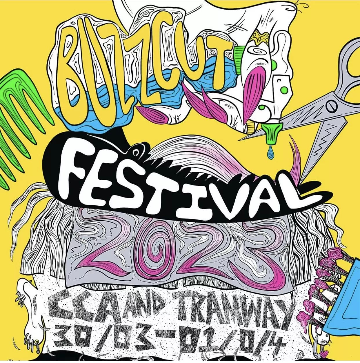 Colourful poster with Buzzcut Festival 2023 written on it