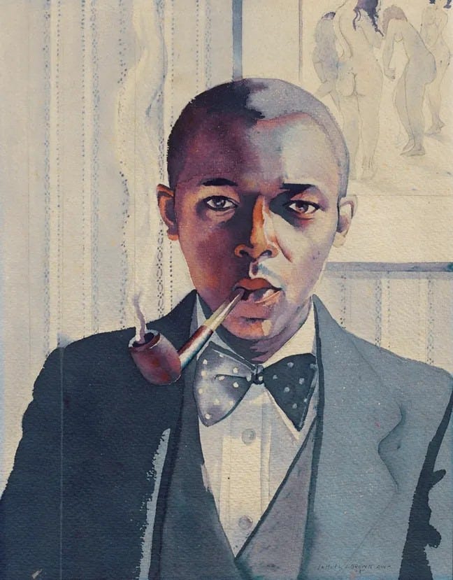 a young African American boy smoking a pipe and wearing a costume and bowtie.