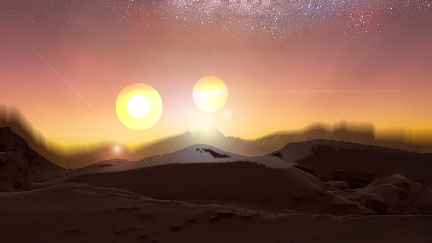 Composite of AI generated imagery depicting binary stars setting over a desert landscape