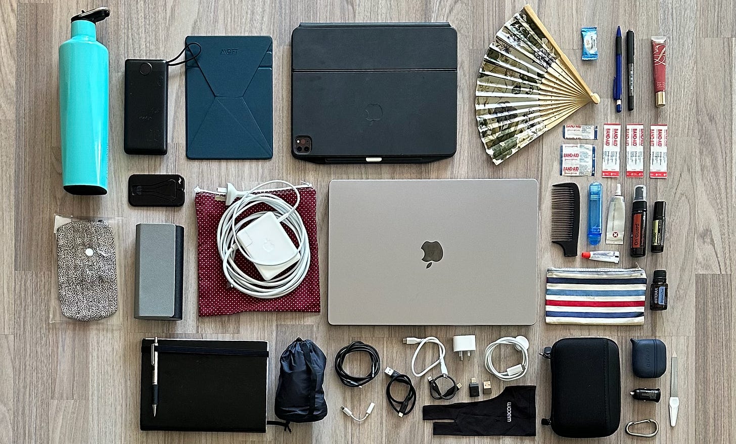 Subset of items from the first photo of the article, including the aqua drink bottle, iPad Pro, MacBook pro, notebook, and cables. Full list of items below.