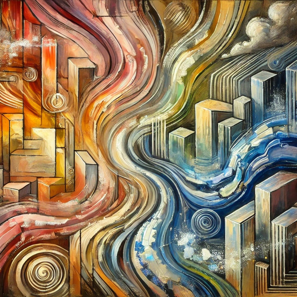 An abstract painting representing the emotional journey of a breakup. The composition features bold, contrasting shapes in warm and cool tones—fractured, yet harmoniously arranged. Swirling brushstrokes suggest waves of sadness and relief, while layered textures symbolize memories overlapping with newfound space. Vibrant splashes of color represent growth and transformation, with elements of separation and reconnection subtly woven throughout. The painting conveys both the pain and the potential beauty of change.