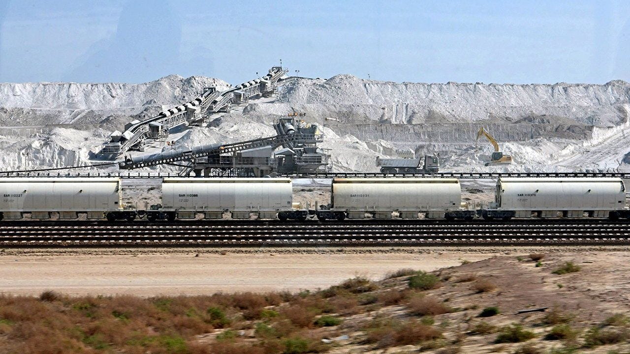 Railroad tracks by a quarry site at the Jubail Industrial City in Saudi Arabia.