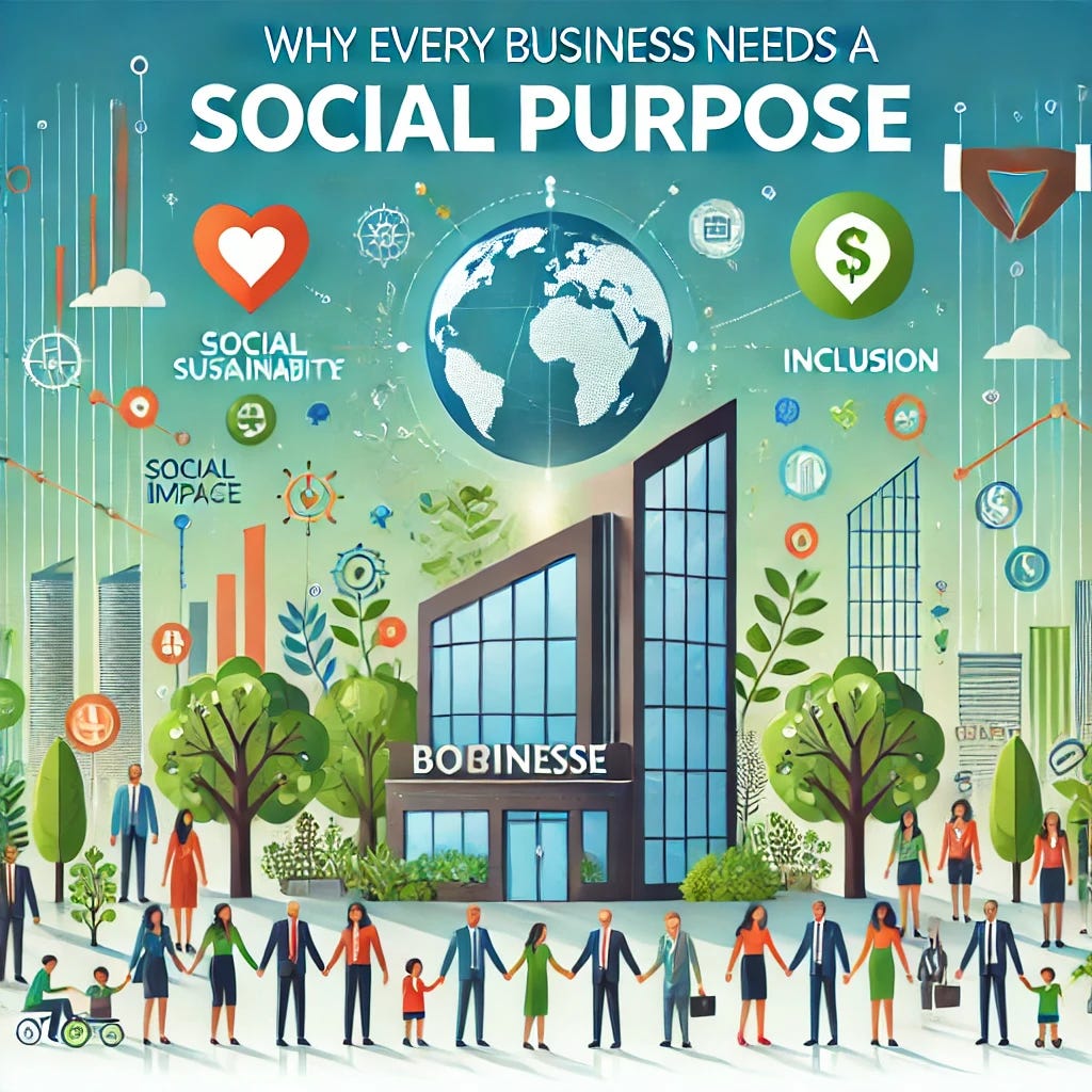 An engaging and professional illustration showcasing the concept of businesses having a social purpose. The image features a thriving business represented as a modern office building, surrounded by symbols of social impact such as a globe, trees (representing sustainability), diverse people holding hands (representing inclusion), and charity icons like a heart and donation box. The background is clean and inspiring, with a gradient blue and green theme, and the phrase 'Why Every Business Needs a Social Purpose' prominently displayed in bold, modern typography.