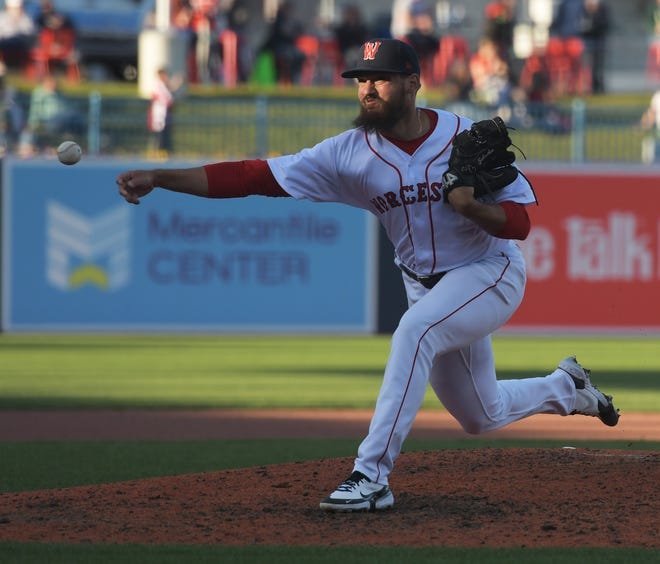 Worcester's John Schreiber pitches during the WooSox home opener at Polar Park Tuesday, April 12, 2022. Rick Cinclair/Telegram & Gazette