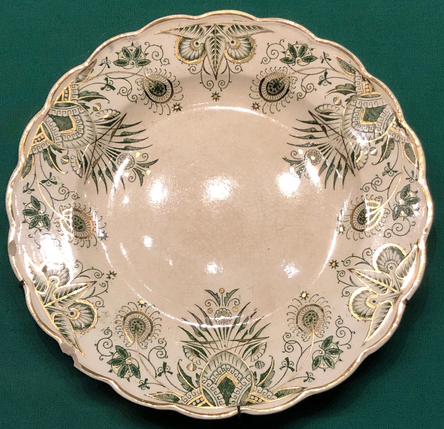 A dinner plate with a patterned edge of greenery and owls.