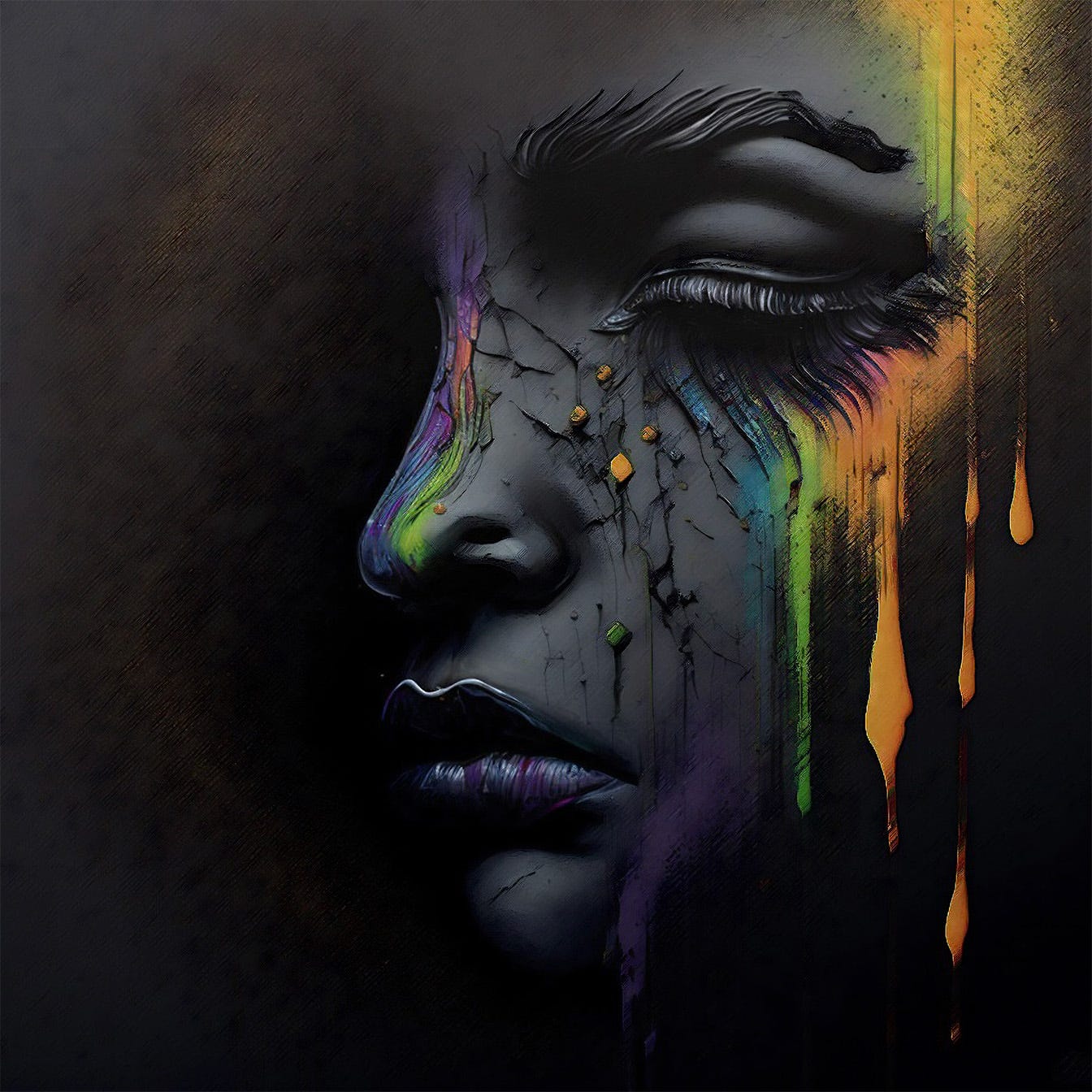 An AI-generated, human-edited image of a face emerging with tears of color and features defining. MJ prompt: a dark grey canvas, multi-color metallic powder, rising to form a subtle outline of a face in pain, abstract