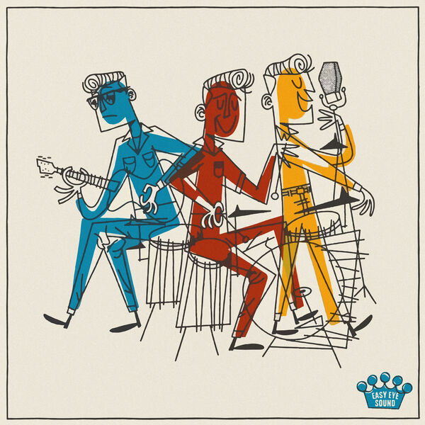 Album art with a trio of musicians in a tri-color mid-century style with sketched outlines of guitar, drums, and singer.