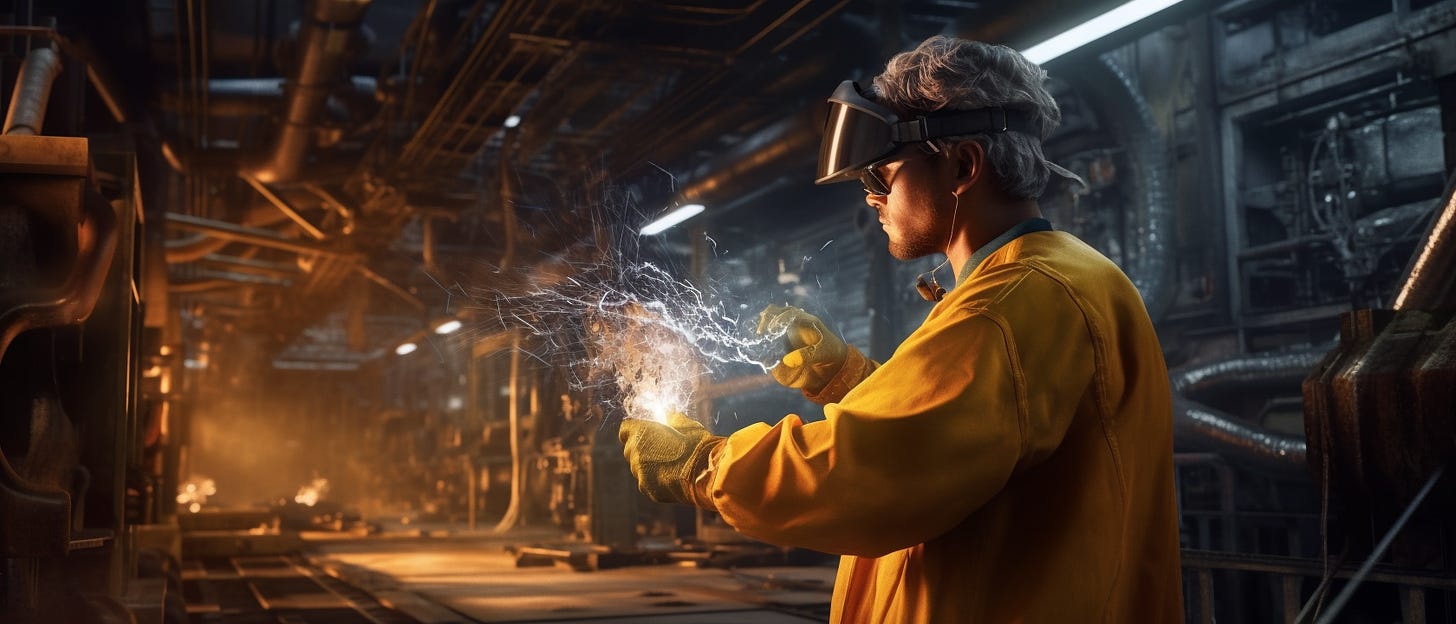 Create a photorealistic image of a superhero working in a factory setting, leading the charge in the fight against climate change through industry and infrastructure transformation. The superhero should be depicted as an ordinary worker, dressed in a standard work uniform and wearing protective gear like goggles and gloves. They should be shown working on equipment or machinery that represents sustainable and innovative technology, such as a wind turbine or electric vehicle production line. The overall effect should be one of practicality and determination, with the superhero symbolizing the power of industry to make a positive impact on the environment. The factory setting should convey a sense of progress and urgency, with the superhero working tirelessly to implement sustainable practices and technologies that will help combat climate change. The image should be realistic and detailed, as if it were a photograph of a real factory worker. The superhero's features should be ordinary and relatable, rather than exaggerated and cartoonish. The different elements in the factory should be clearly visible and recognizable, and the overall effect should be both inspiring and grounded in reality. Shot on a Hasselblad medium format camera. Carl Zeiss Distagon t* 15 mm f/ 2. 8 ze, Ricoh r1. --ar 21:9 --q 2 --v 5.1 --style raw - 