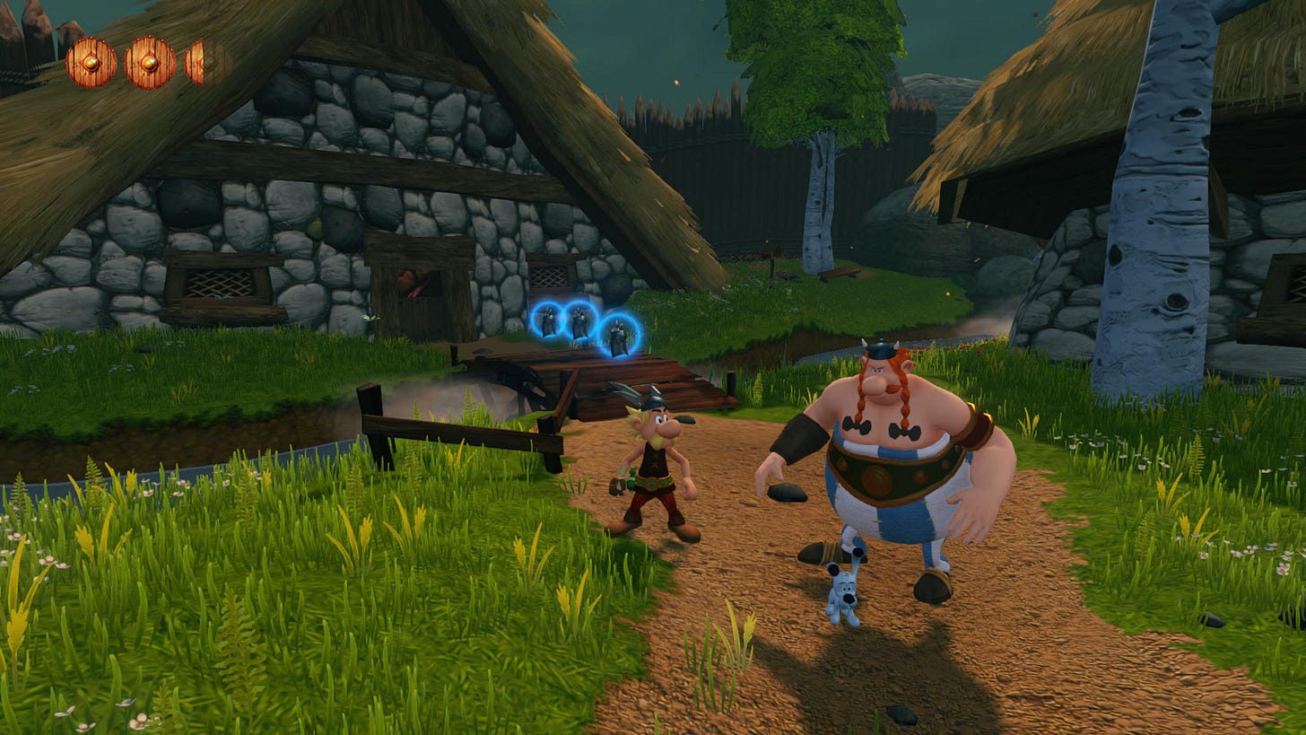 A screenshot from the game. Asterix, Obelix and Dogmatix are resting in their village near a thatched-roof cottage