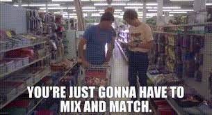 Still from Napoleon Dynamite showing Uncle Rico and Napoleon at the grocery store, and Uncle Rico Says "You're just gonna have to mix and match."