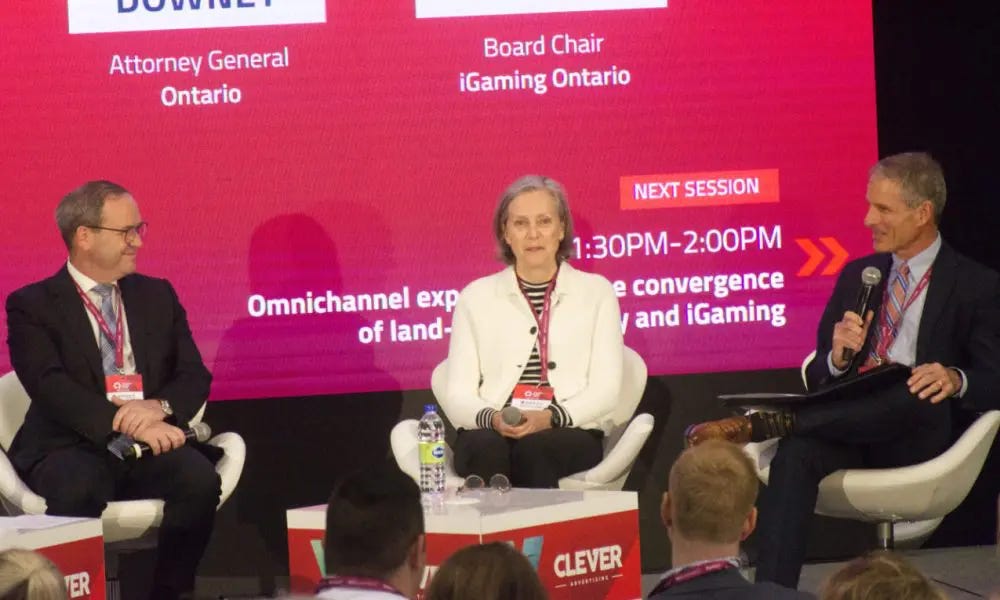 Departing iGaming Ontario executive director Martha Otton, flanked by the Attorney General of Ontario, Doug Downey (left) and former AGCO CEO Tom Mungham, during a panel at the 2023 Canadian Gaming Summit. (Photo by Cory Roberts of CDC Gaming Reports)