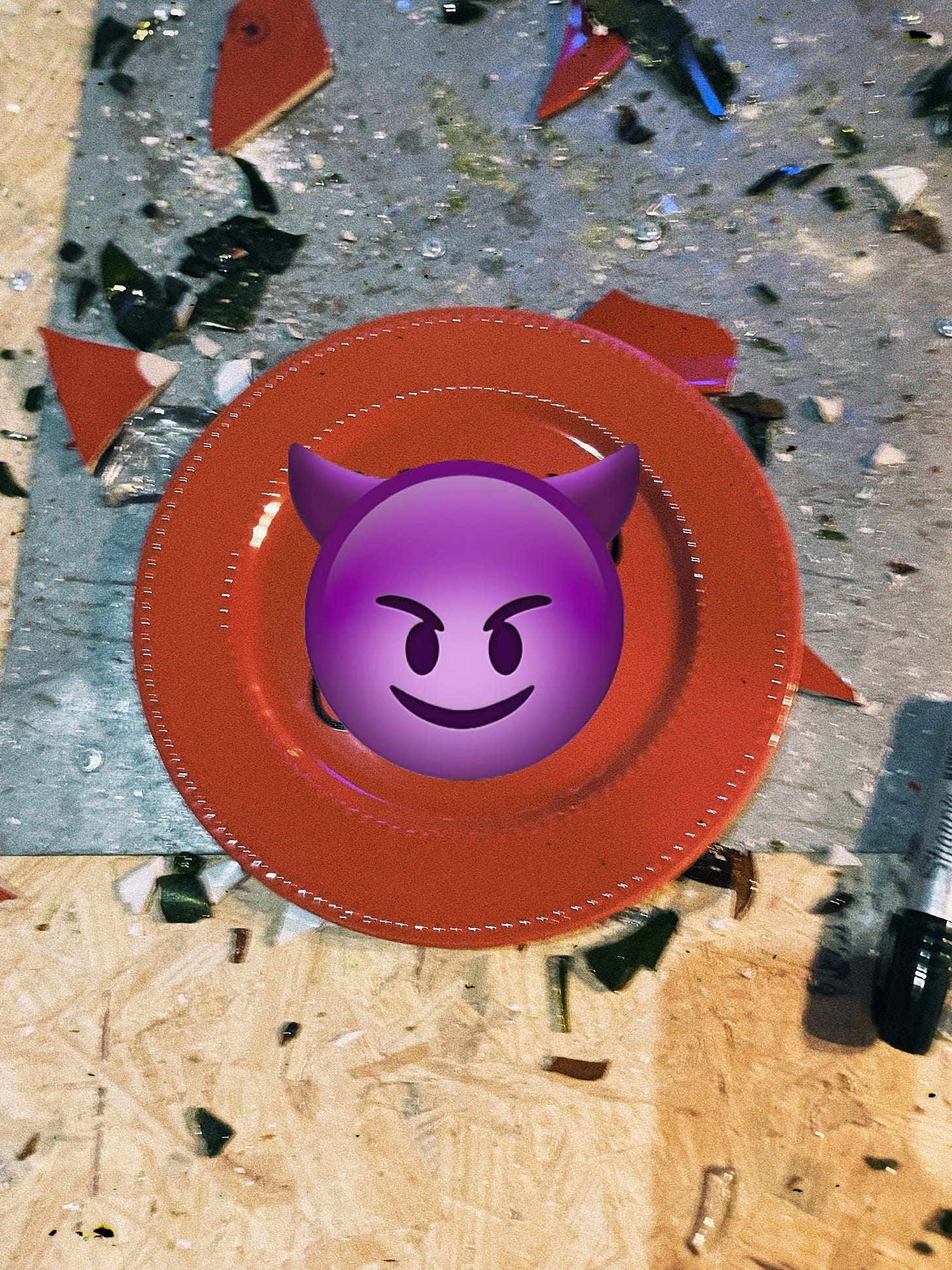 A red ceramic plate is centered in a somewhat blurry photo with a filter. There is a purple devil emoji smiling threateningly obscuring the actual names written on the plate. Surrounding the plate are the shards of previously shattered glass objects including another plate, beer bottles, and a clear vase.