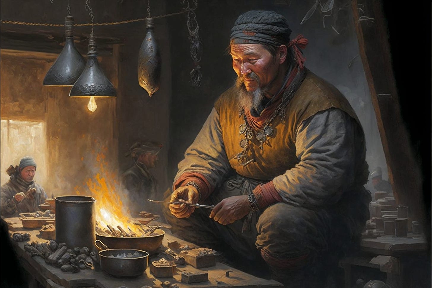 A man creating small tin items in front of a fire in a moderately crowded indoor market, via MidJourney