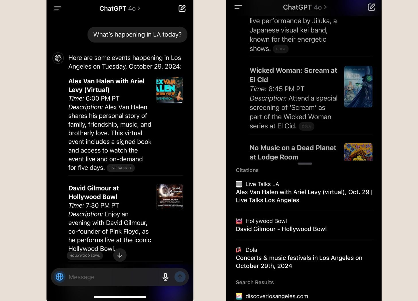 Two screenshots of OpenAI’s SearchGPT interface showing event recommendations for Los Angeles with clickable citations that link to original sources.