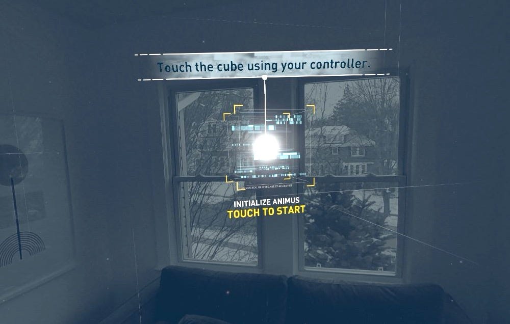 VR game image, showing a floating virtual cube that appears to be hovering in a real room, thanks to the pass-through video feed of the room the game is played in