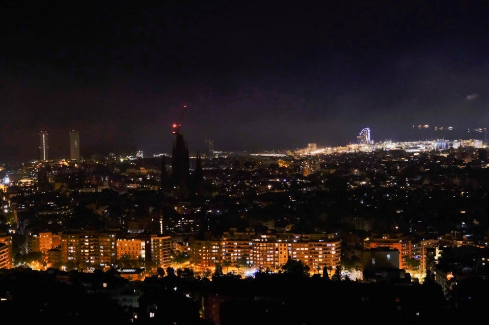 Night view of Barcelona during a power outage.