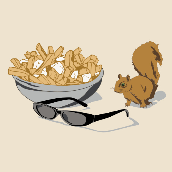 An illustration of black sunglasses, a brown squirrel and a poutine by Montreal artist La Pimbêche