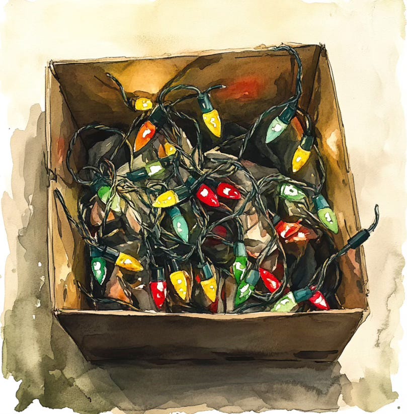 water color of a tattered box of old, tangled outdoor Christmas lights