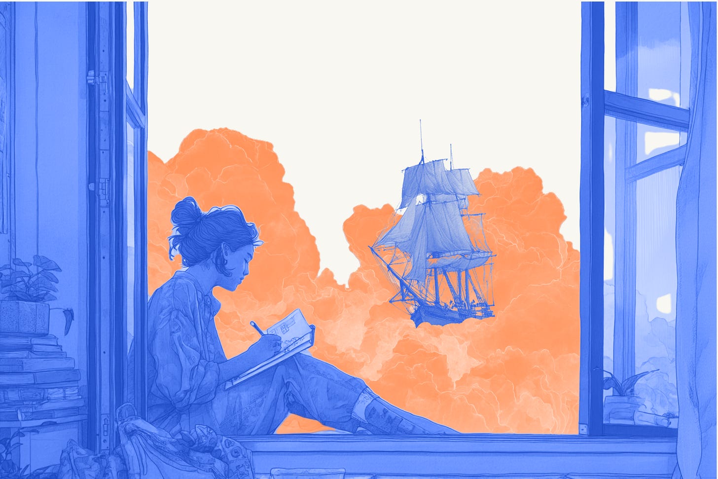 A digital illustration of a woman sitting in a windowsill, sketching or writing in a notebook. Outside the window, an old sailing ship floats among bright orange clouds, evoking a sense of imagination and creative escape. The image symbolizes the surreal, exploratory nature of AI-generated visuals, echoing themes from the article on Midjourney and ChatGPT.
