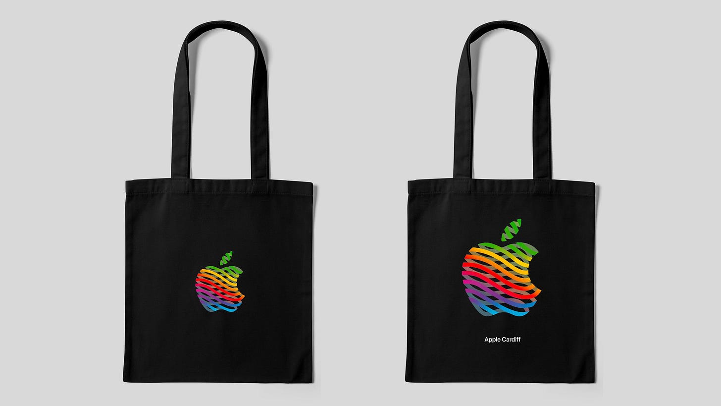 A mockup of the souvenir tote bags for Apple White City and Apple Cardiff.
