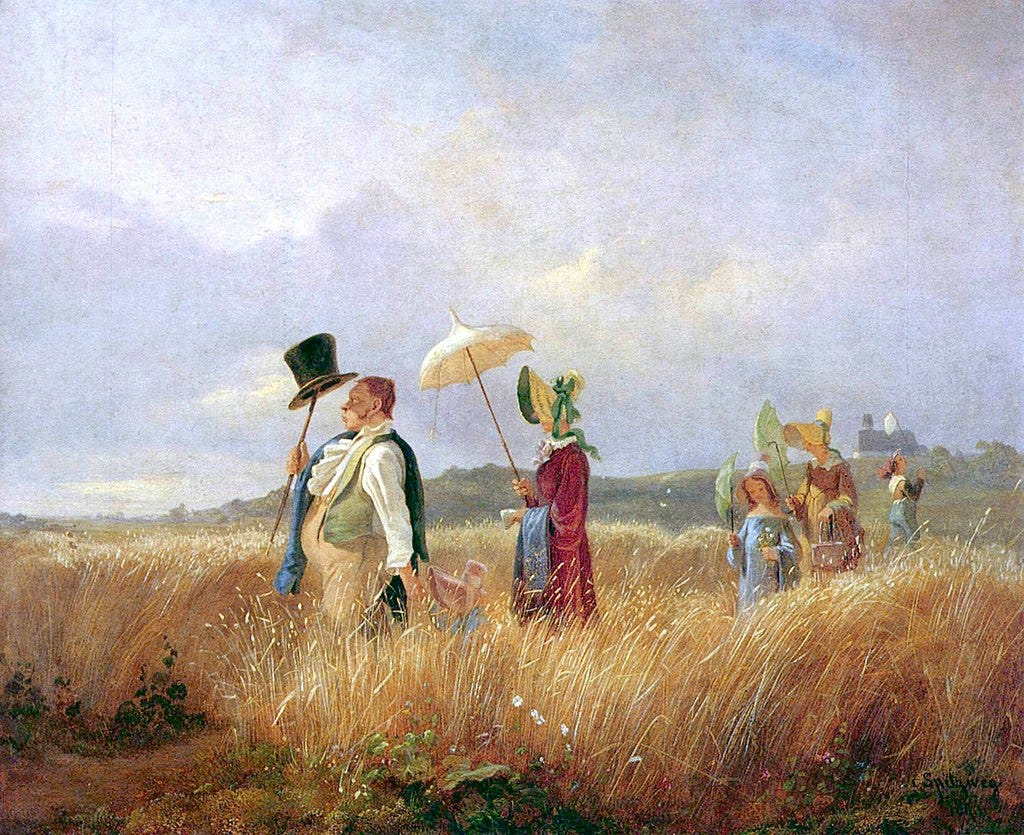 painting showing a family having a sunday walk in the field