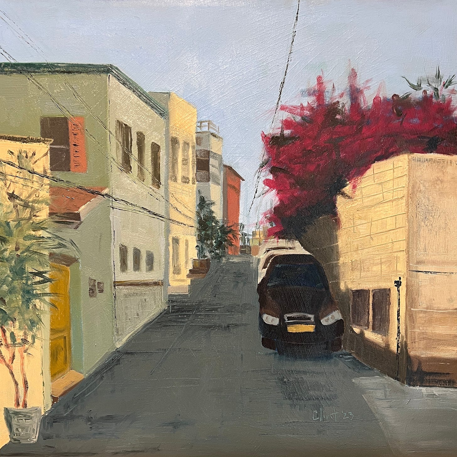 An oil painting showing cars parked along a street with buildings and blooming bougainvillea. 