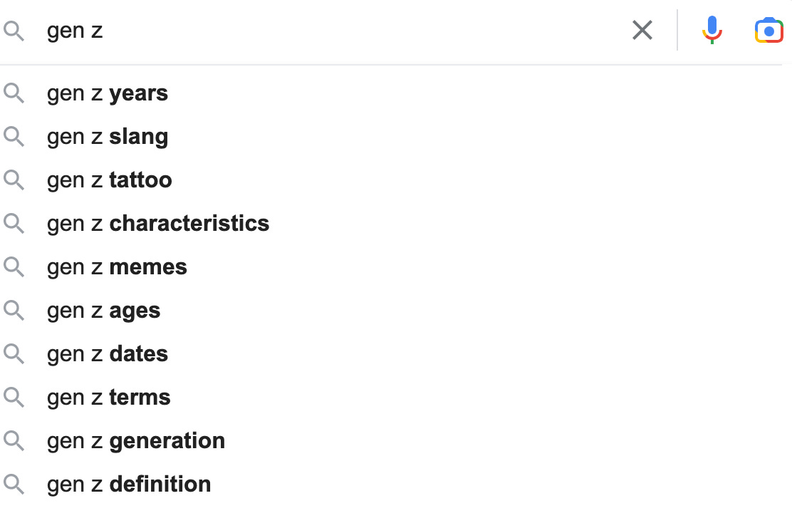 Screenshot of suggestions that come up when you type in "gen z" in Google. Some examples are "gen z memes" "gen z terms" "gen z slang"