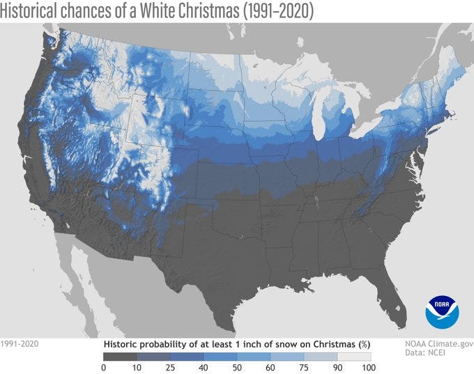 Historical Chances of a “White Christmas” (from NOAA).
