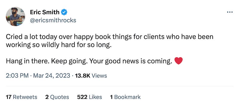 Screenshot of very vague book announcement by agent Eric Smith on Twitter