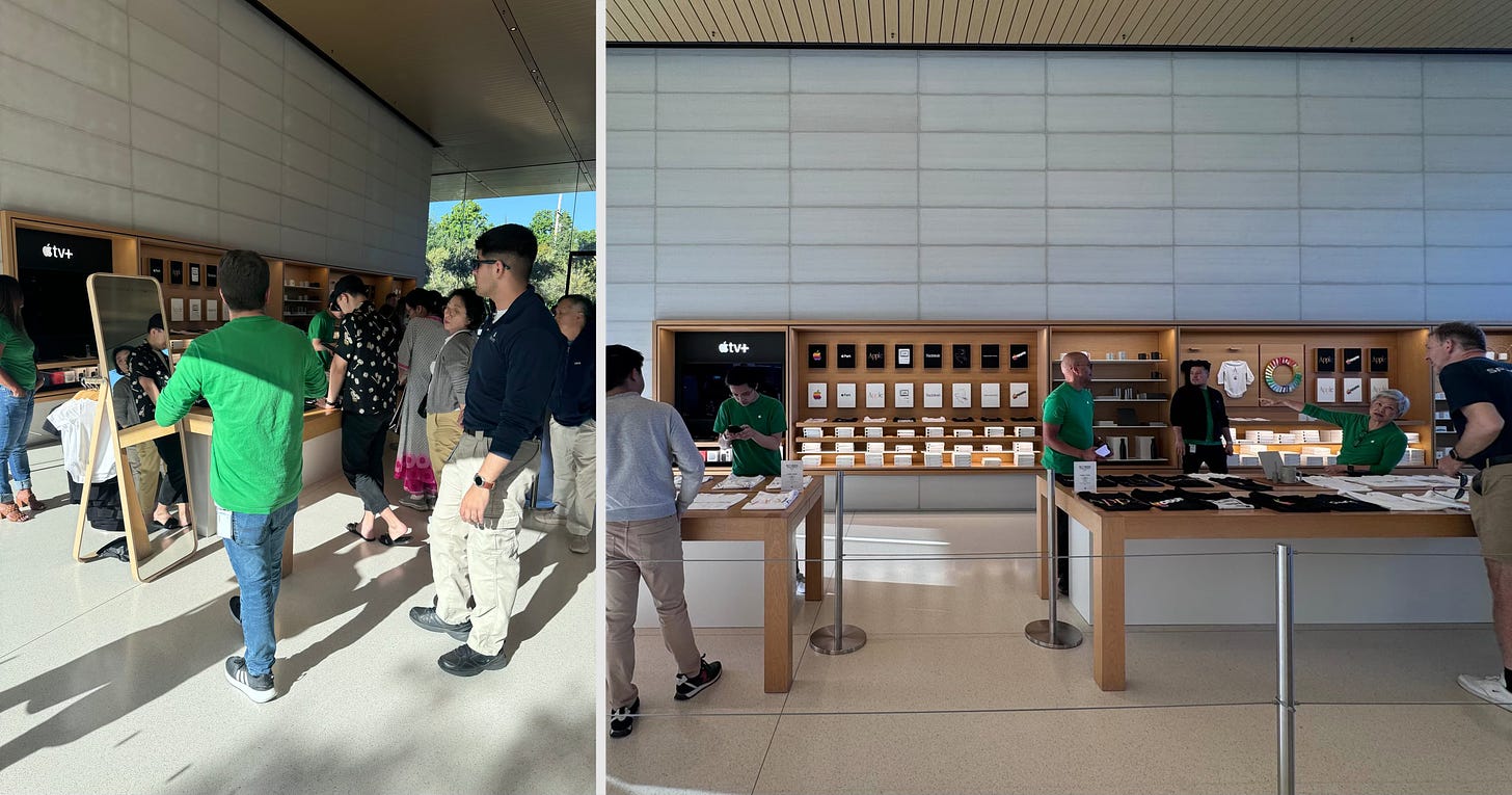 Two photos of Apple Park Visitor Center. The left photo shows a mirror with curved corners. The right photo shows merch tables and Avenues.
