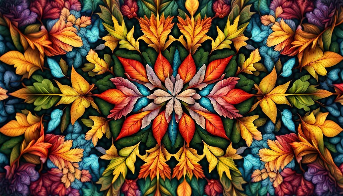 Kaleidoscope showing multiple colours, leaf