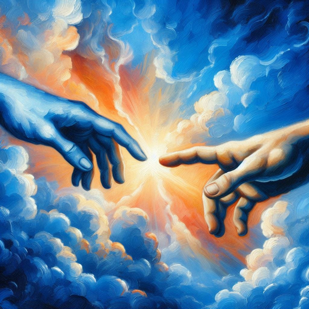 Oil painting of two hands reaching out to each other on a blue background