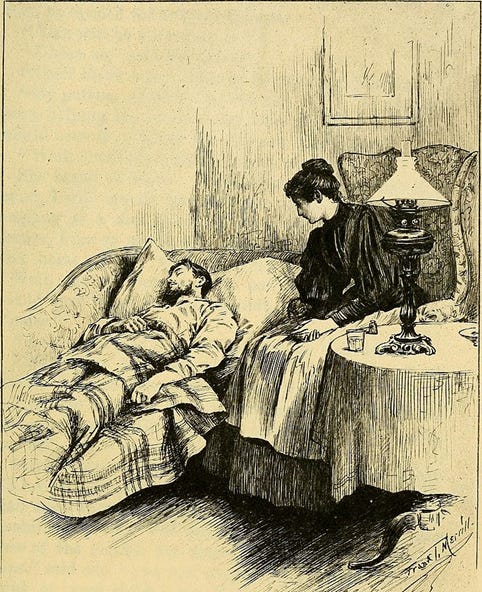 black and sepia illustration of seated woman in black dress and apron sitting at the bedside of handsome bearded man