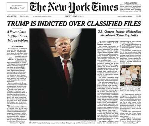 The front page of Friday's New York Times: Trump Indicted