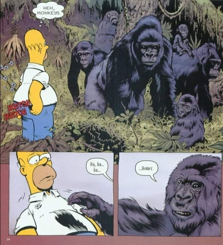 Homer Simpson in a jungle thinking "heh, monkeys" in front of a family of apes. The leader approaches and says "Hu, hu... hu... ...Homer." The artstyle for the apes is very realistic but Homer looks like his normal cartoon self.
