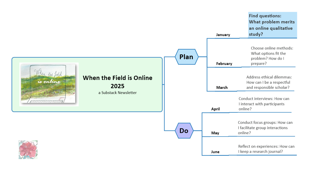 Plan your study January: Find questions: What problem merits an online qualitative study?  February: Choose online methods: What options fit the problem?  March: Address ethical dilemmas: How can I be a respectful and responsible scholar?  Do your research April: Conduct interviews: How can I interact with participants online?  May: Conduct focus groups: How can I facilitate group interactions online?  June: Reflect on experiences: How can I keep a research journal?  