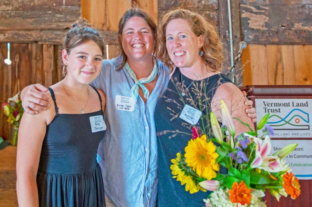 Winner of the Eric Rozendaal Memorial Award, Sara Donegan of Trillium Hill Farm (right), with her daughter (left), and VLT’s Maggie Donin (center). Winner of the Eric Rozendaal Memorial Award, Sara Donegan of Trillium Hill Farm (right), with her daughter (left), and VLT’s Maggie Donin (center).