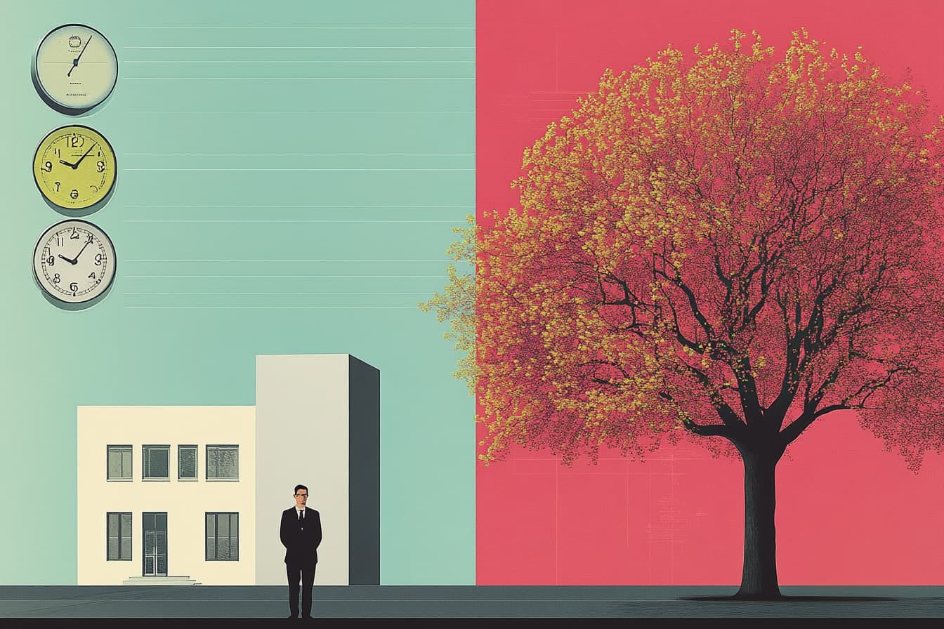 A juxtaposed illustration of a person in front of an office on the left and a beautiful tree on the right